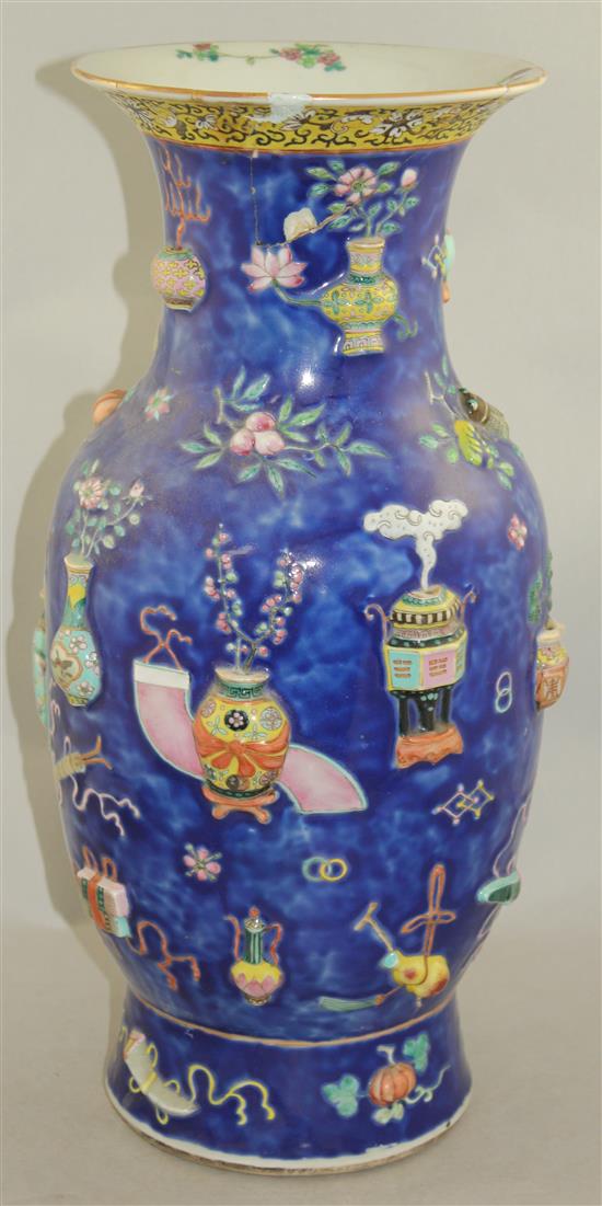 A large Chinese blue glazed baluster vase, late 19th century, 46.5cm, damaged